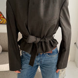 Belted blazer in dark olive green checkered
