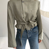 Belted blazer in pale green plaid