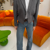 Pale grey pinstriped cinched waist cropped blazer