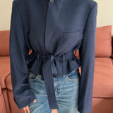 Blue checkered belted blazer