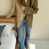Pale brown houndstooth and caramel plaid contrasted blazer