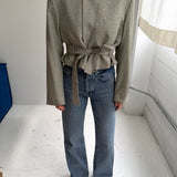 Belted blazer in pale green plaid