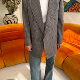 Blue checkered blazer with red elbow patches