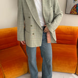 Plaid greenish double breasted button back blazer