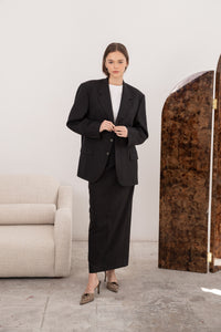 Beautiful skirt suit in black pinstriped wool