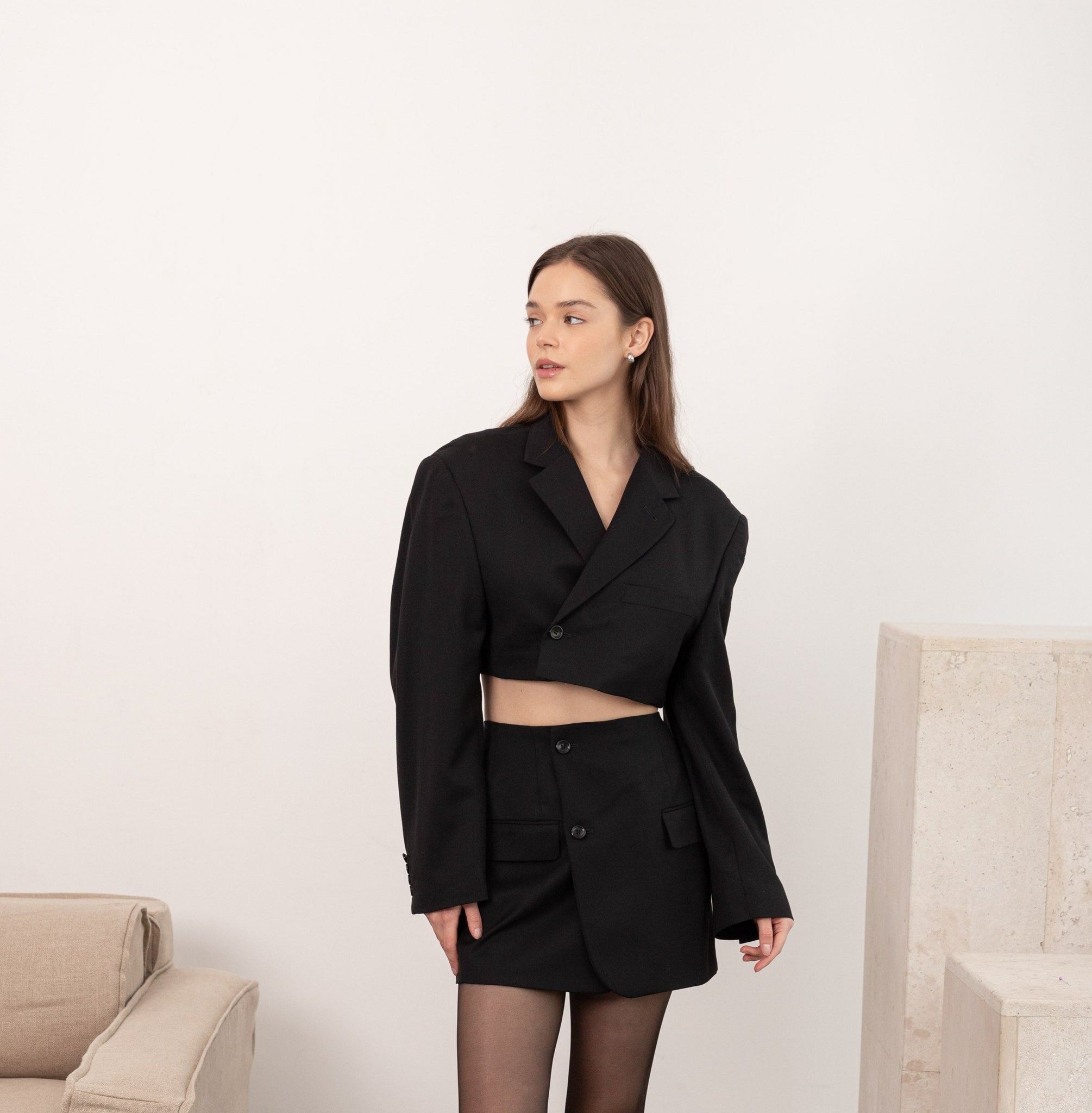 Cropped skirt suit in black