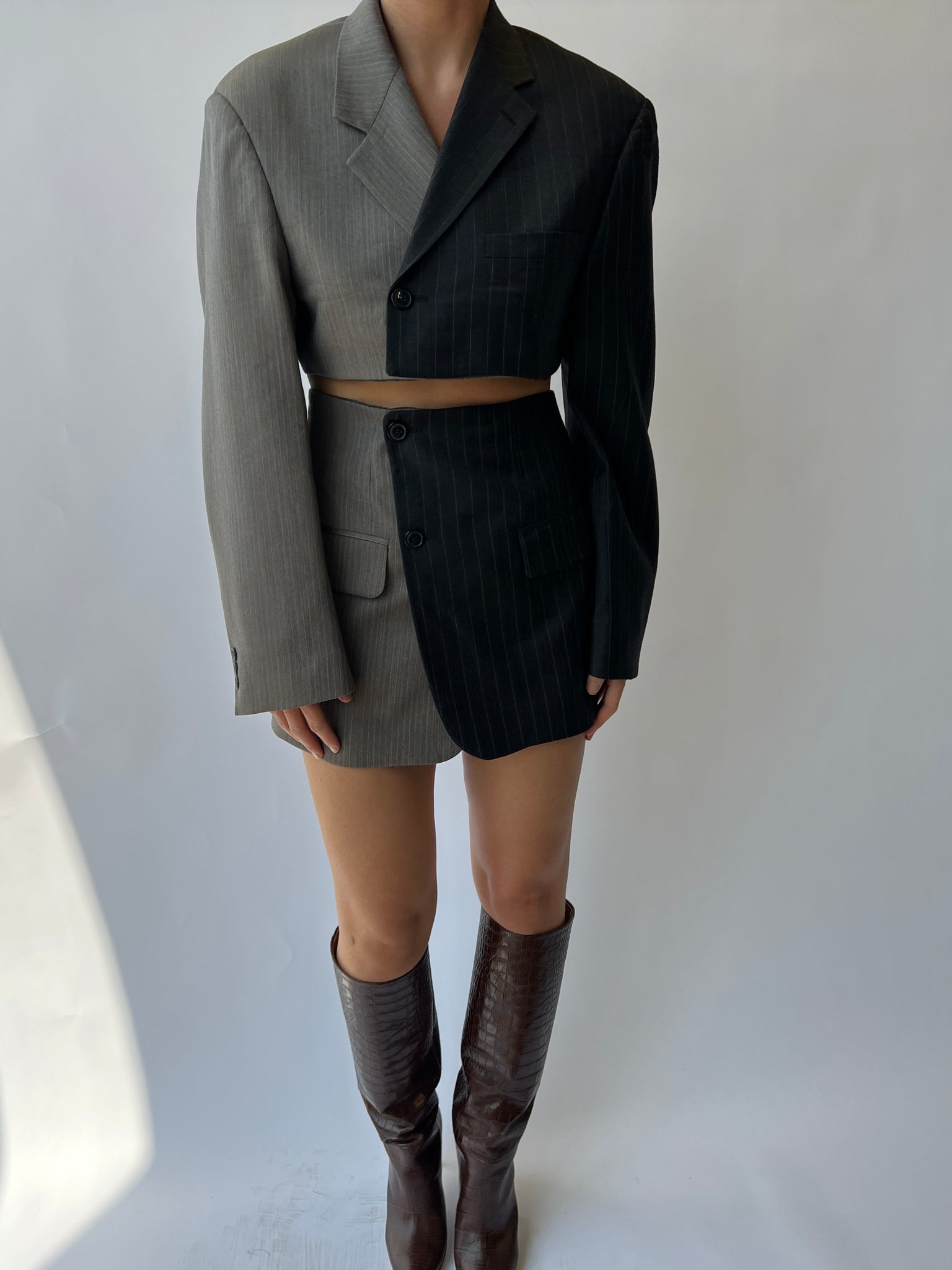 Pale grey and dark grey pinstriped skirt set