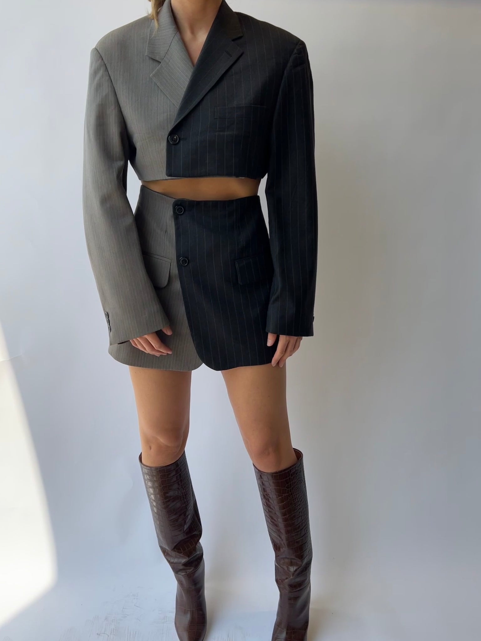 Pale grey and dark grey pinstriped skirt set