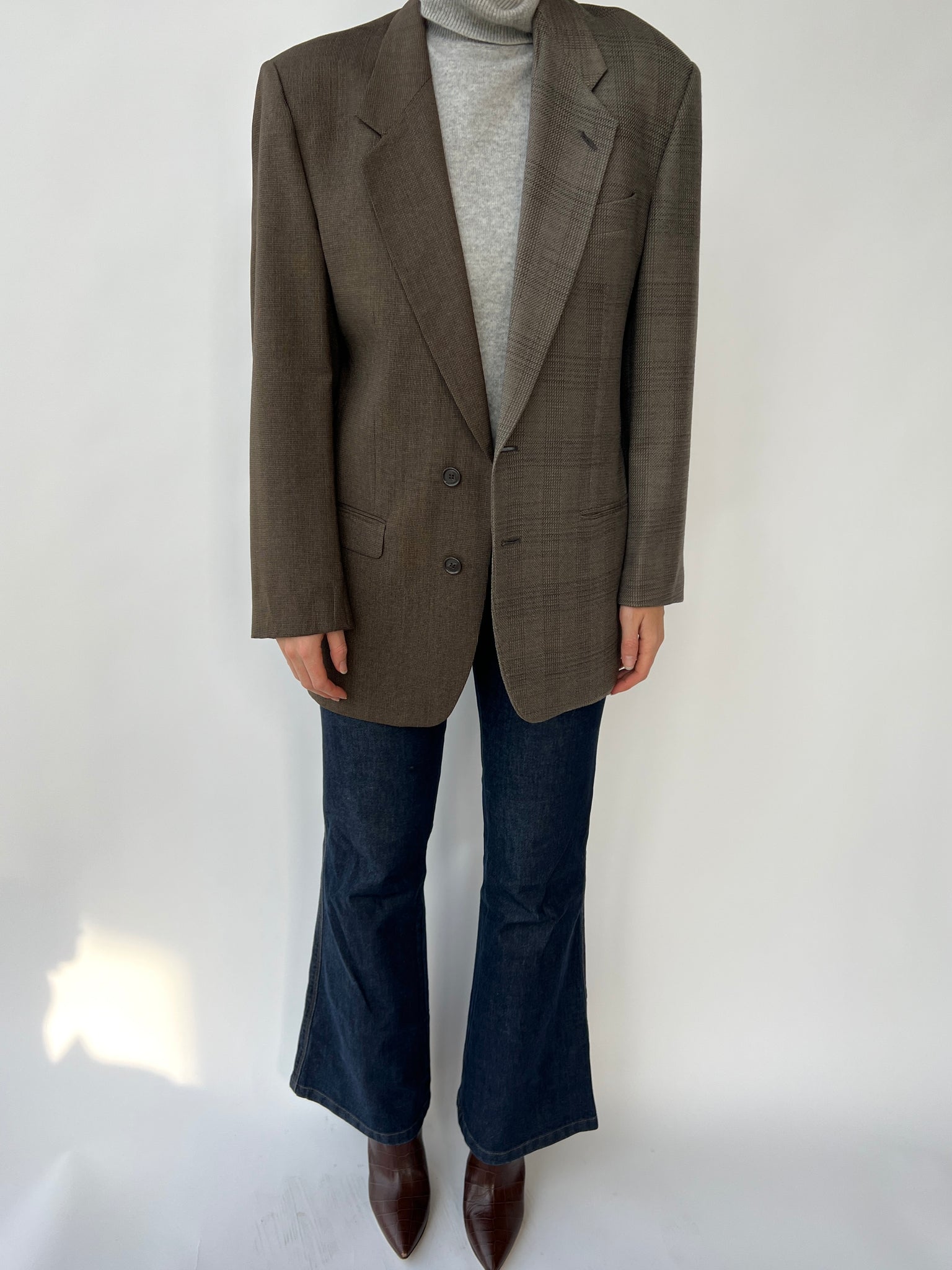 Brown and grey checkered contrasted blazer
