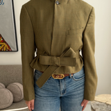 Belted blazer in dark yellow houndstooth