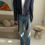 Belted blazer in Dark blue herringbone