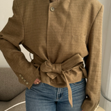 Dark beige textured belted blazer