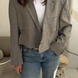 Cinched waist cropped blazer in black and white houndstooth with a subtle overcheck