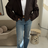 Brown pinstriped cinched waist cropped blazer