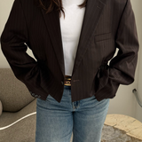Brown pinstriped cinched waist cropped blazer