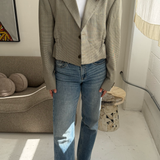 Cinched waist cropped blazer in Blue and gold houndstooth