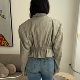 Cinched waist cropped blazer in Blue and gold houndstooth