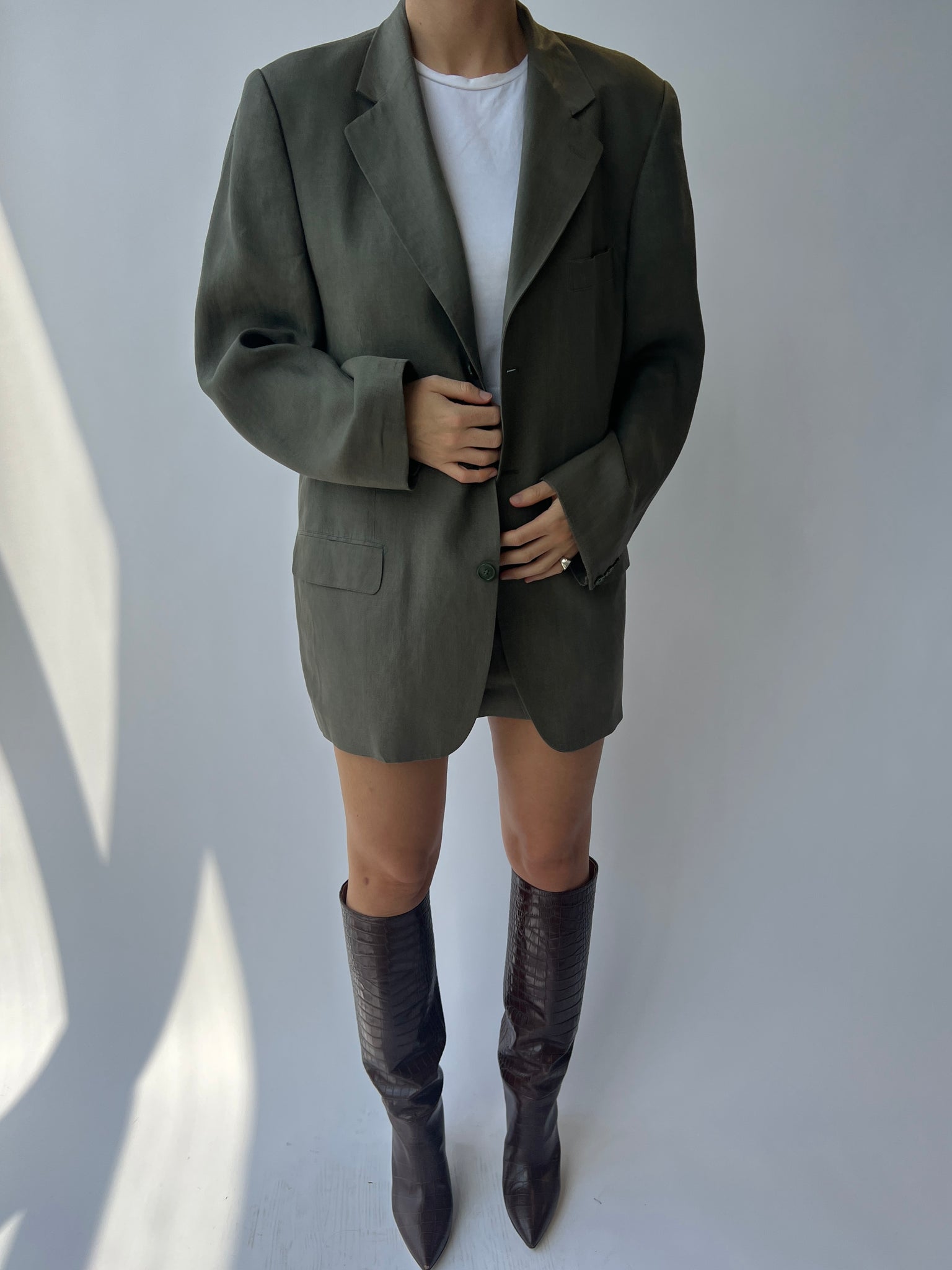 Green linen mini skirt and blazer