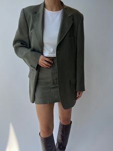 Green linen mini skirt and blazer