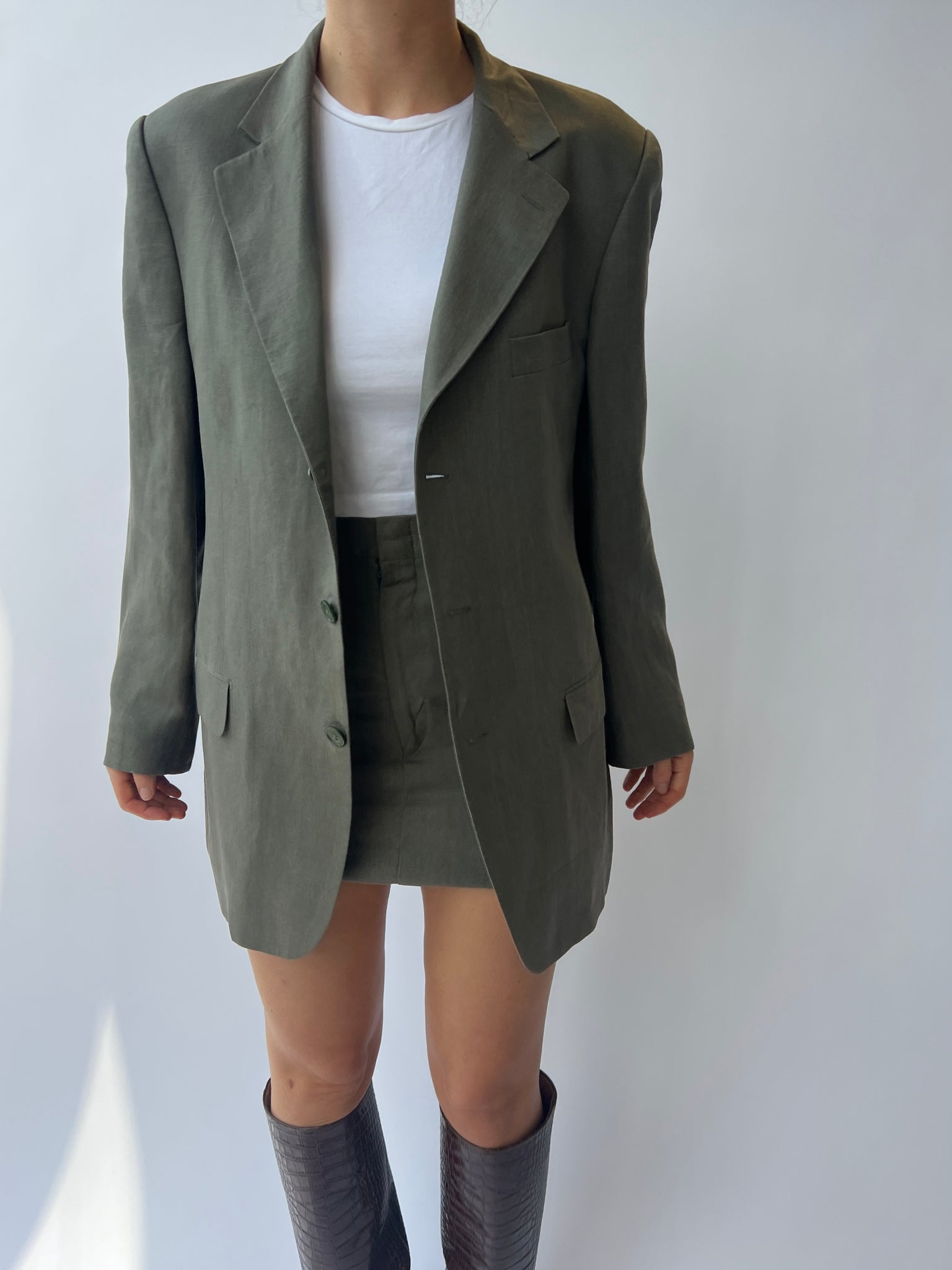 Green linen mini skirt and blazer