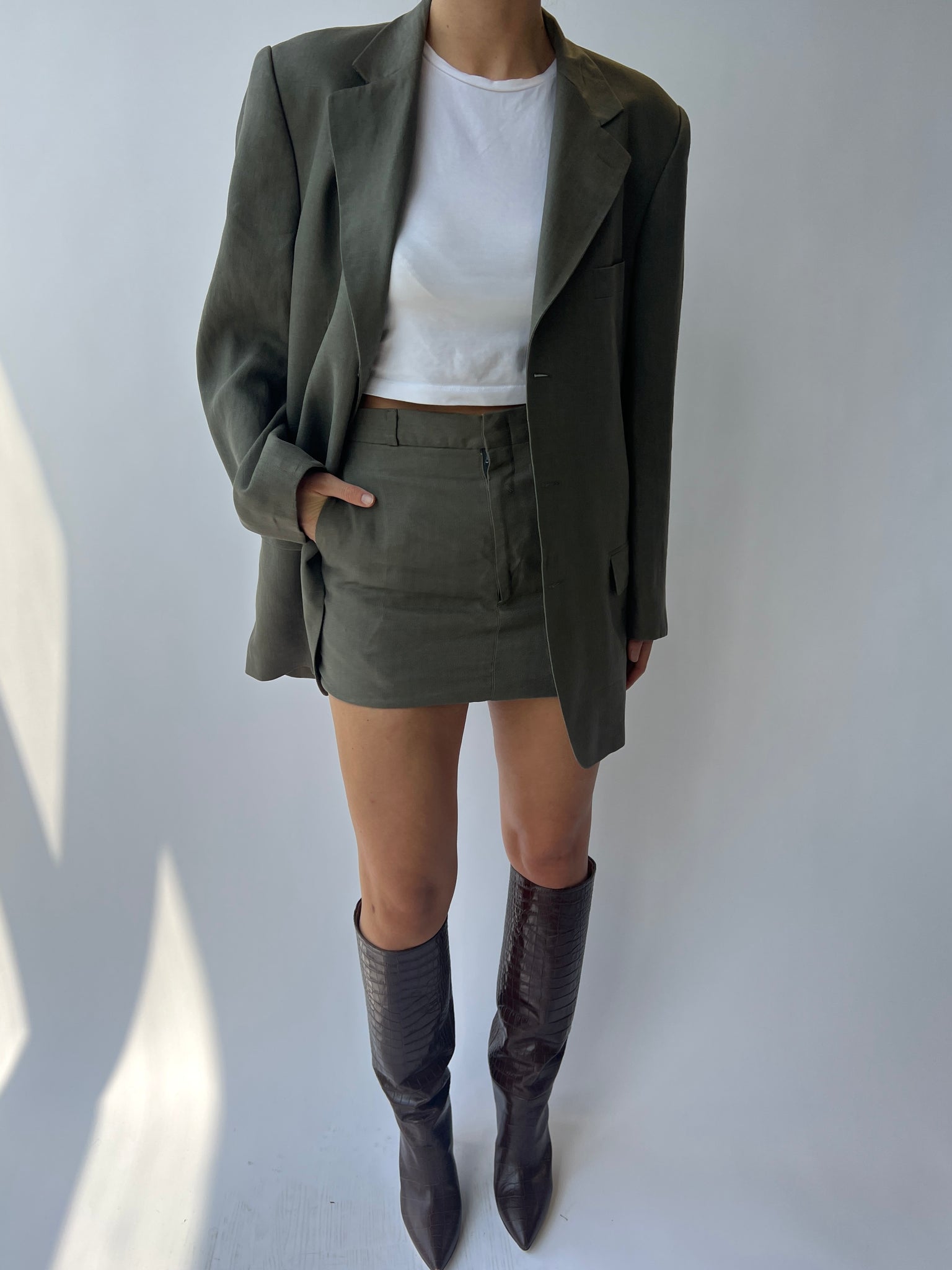 Green linen mini skirt and blazer