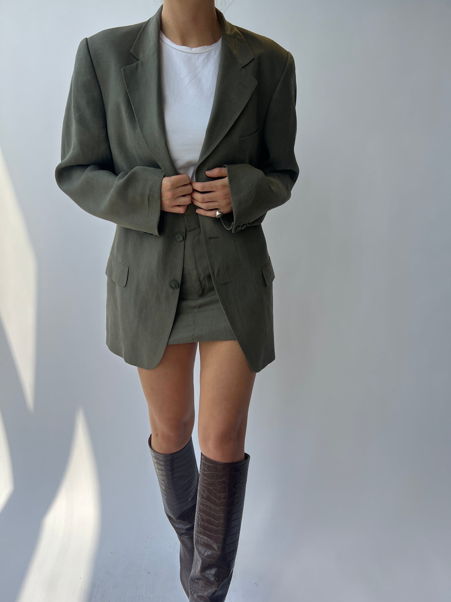 Green linen mini skirt and blazer