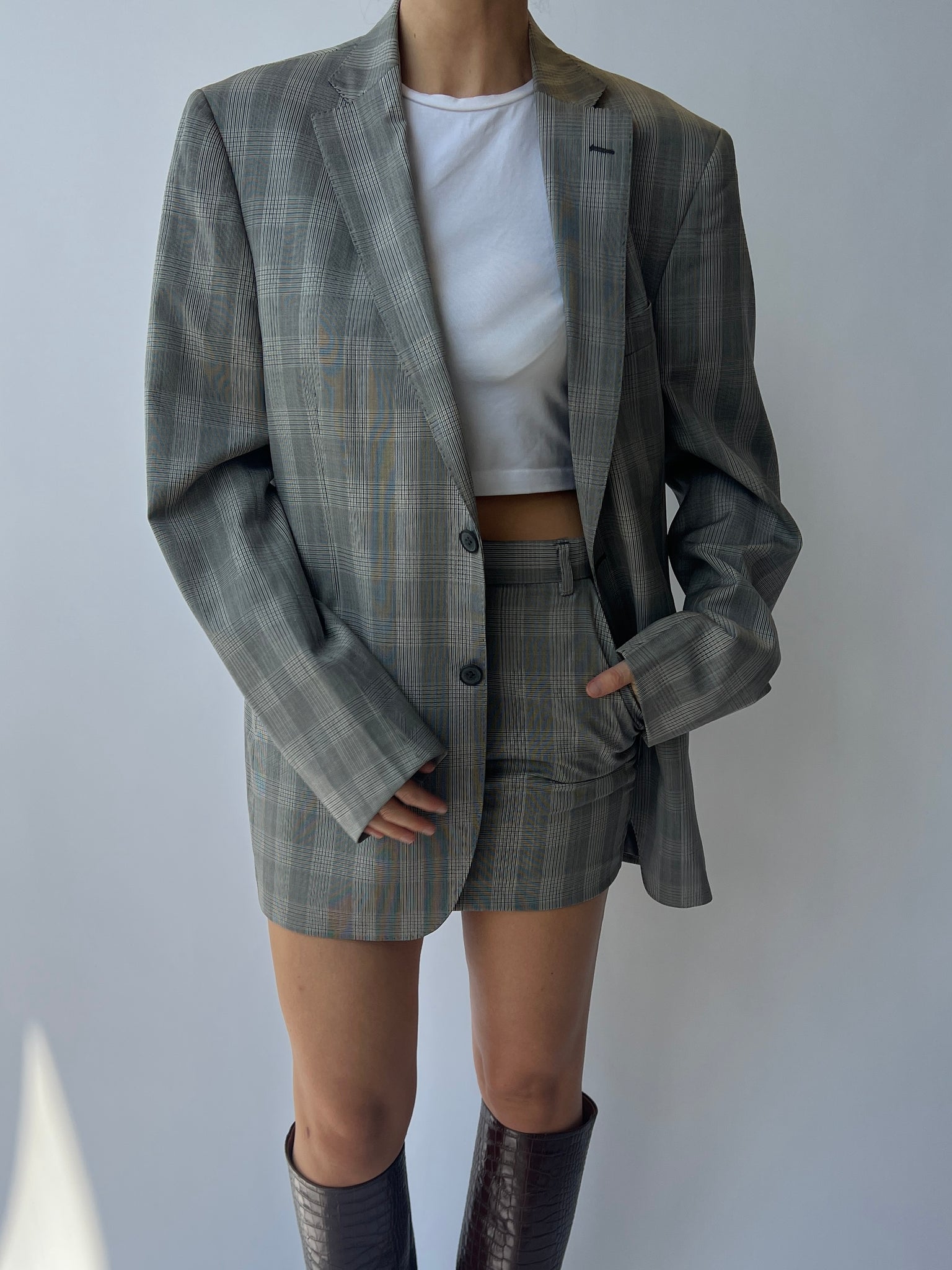 Checkered grey mini skirt and blazer