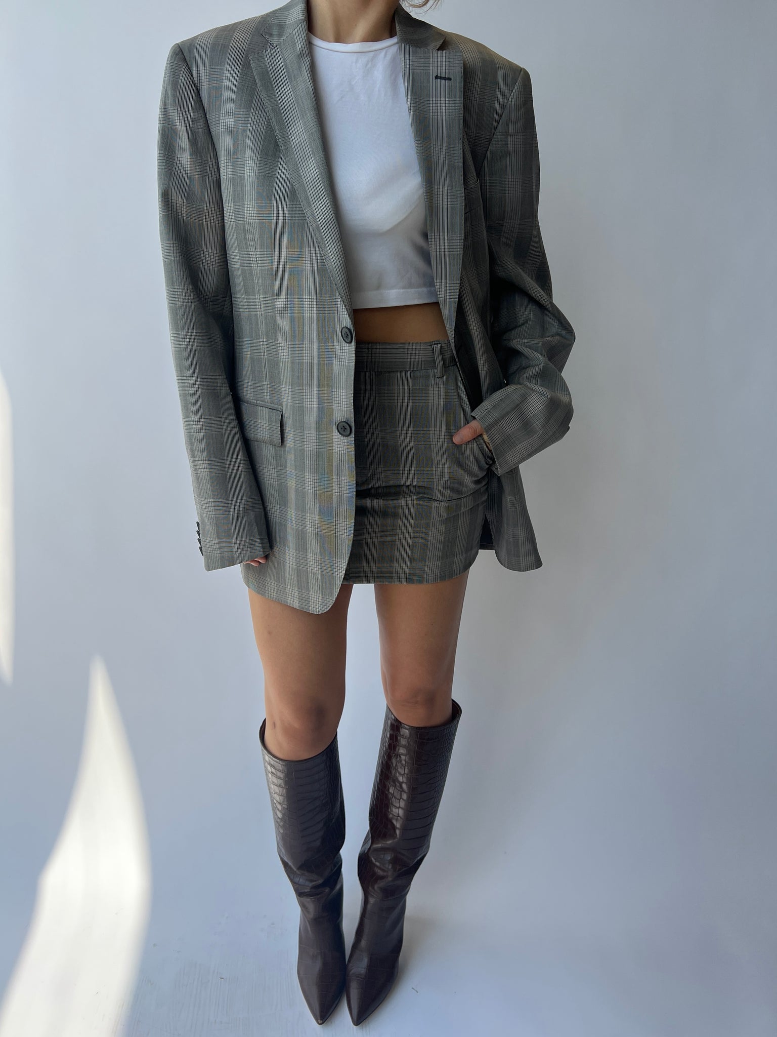 Checkered grey mini skirt and blazer