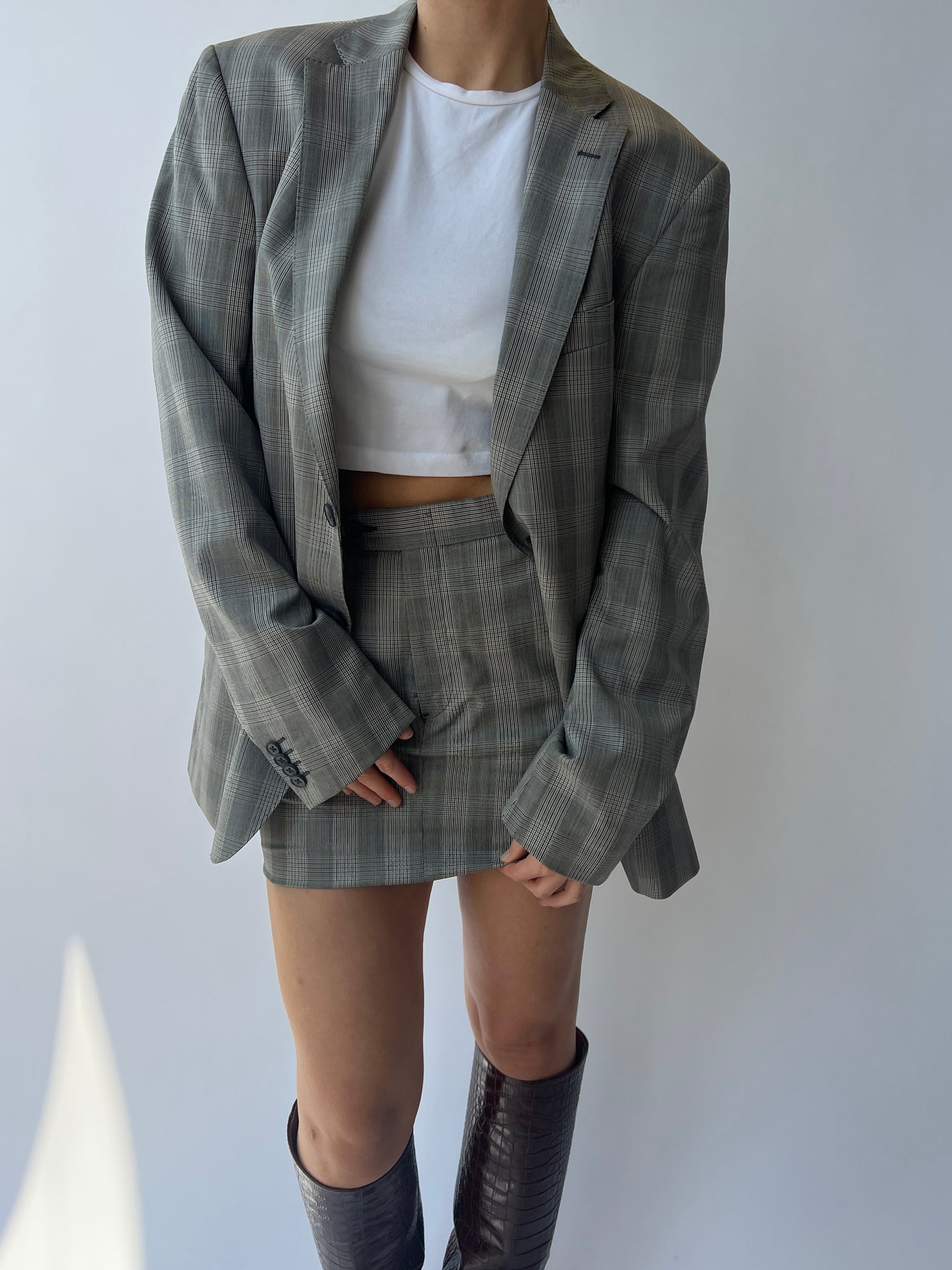 Checkered grey mini skirt and blazer