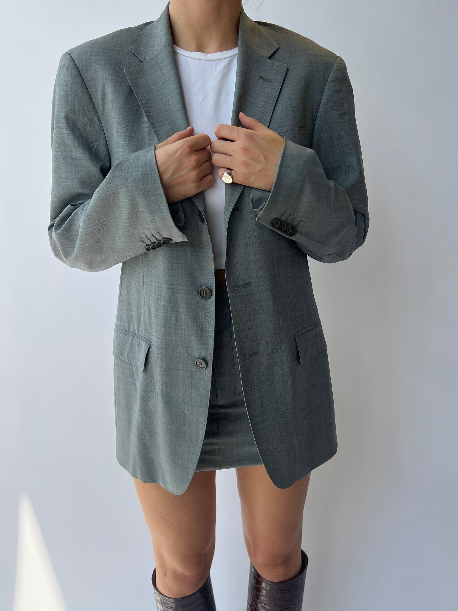 Pale grey mini skirt and blazer