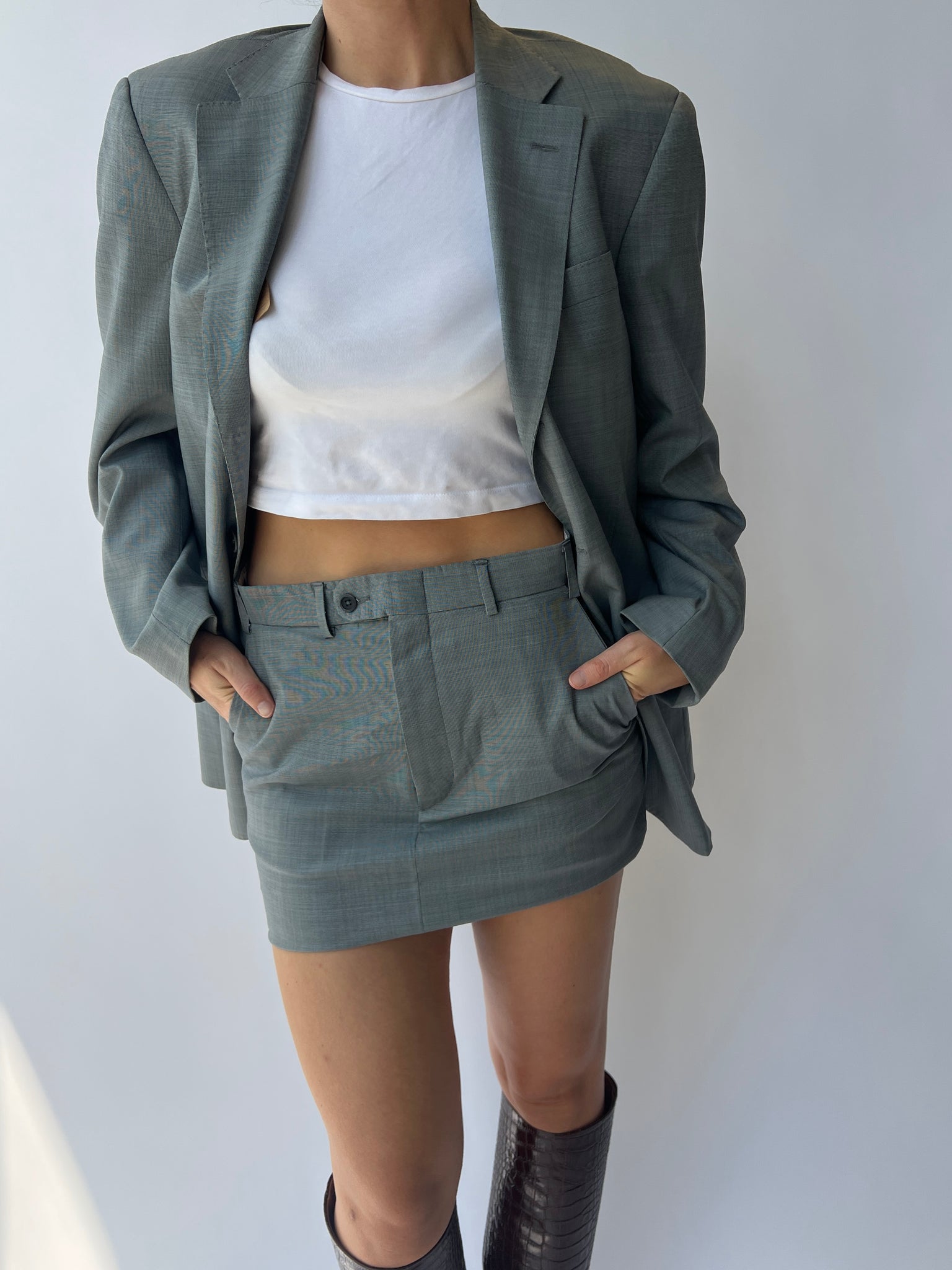 Pale grey mini skirt and blazer
