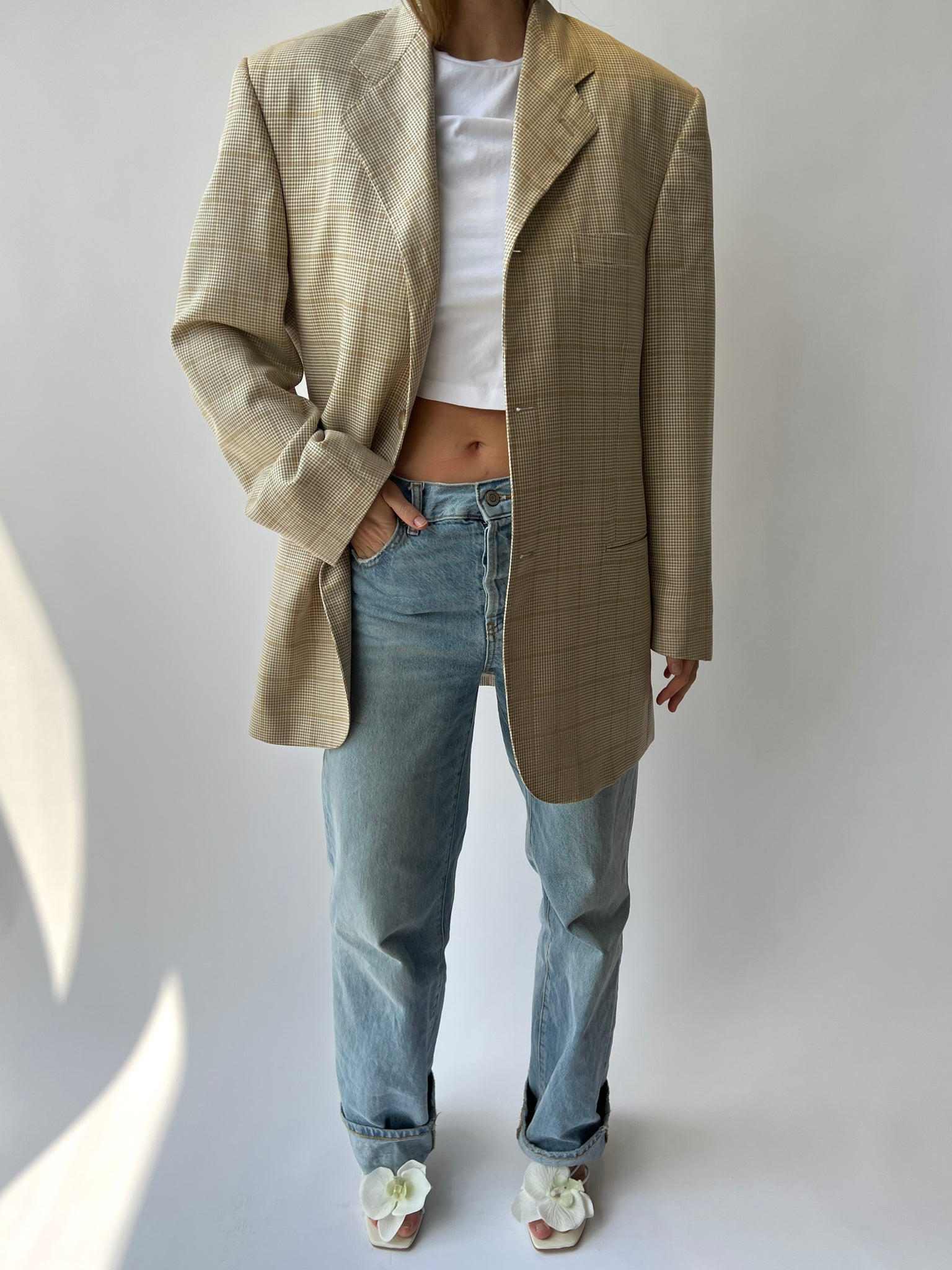 Beige and yellow checkered Button Back Blazer