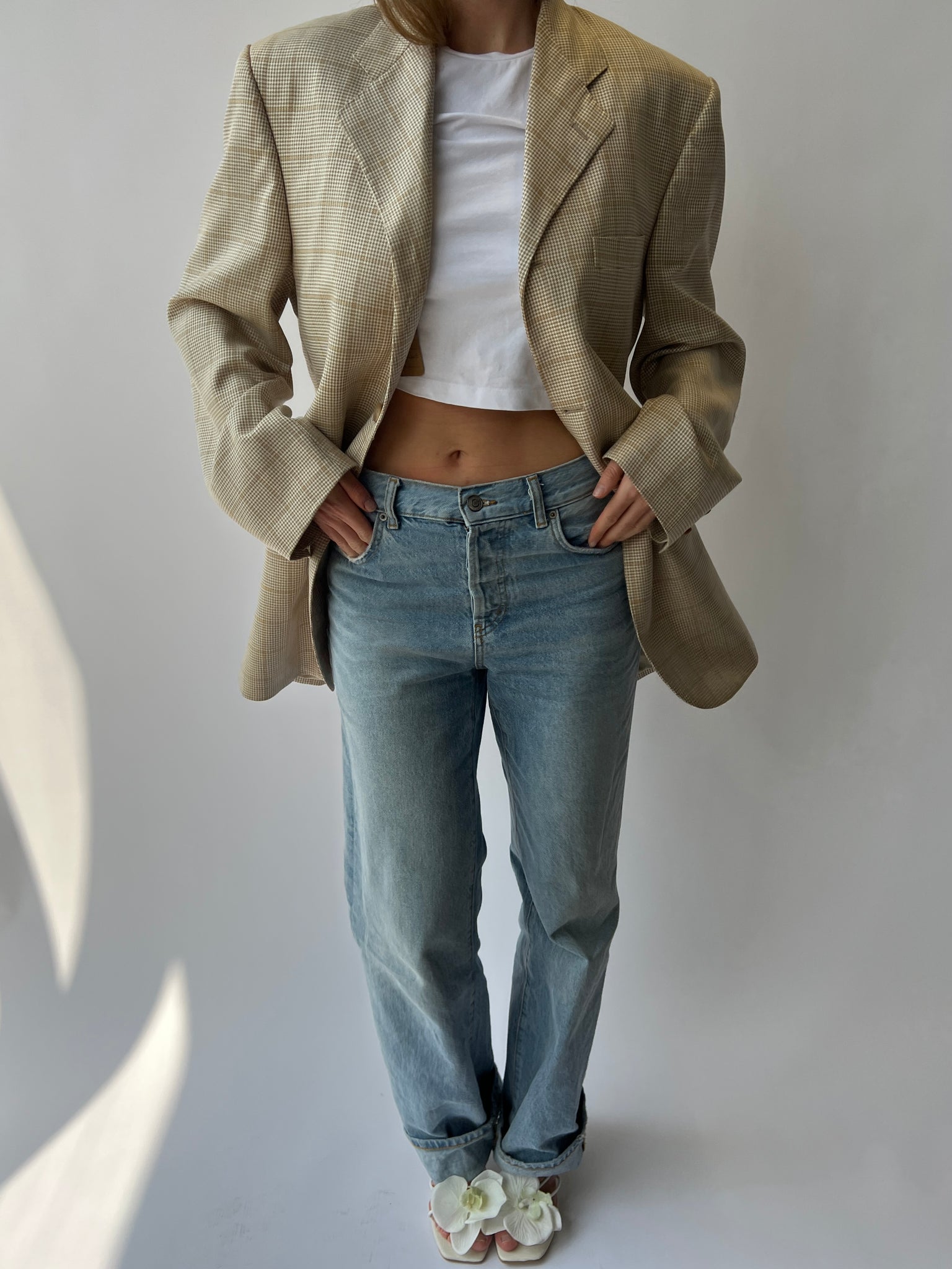 Beige and yellow checkered Button Back Blazer