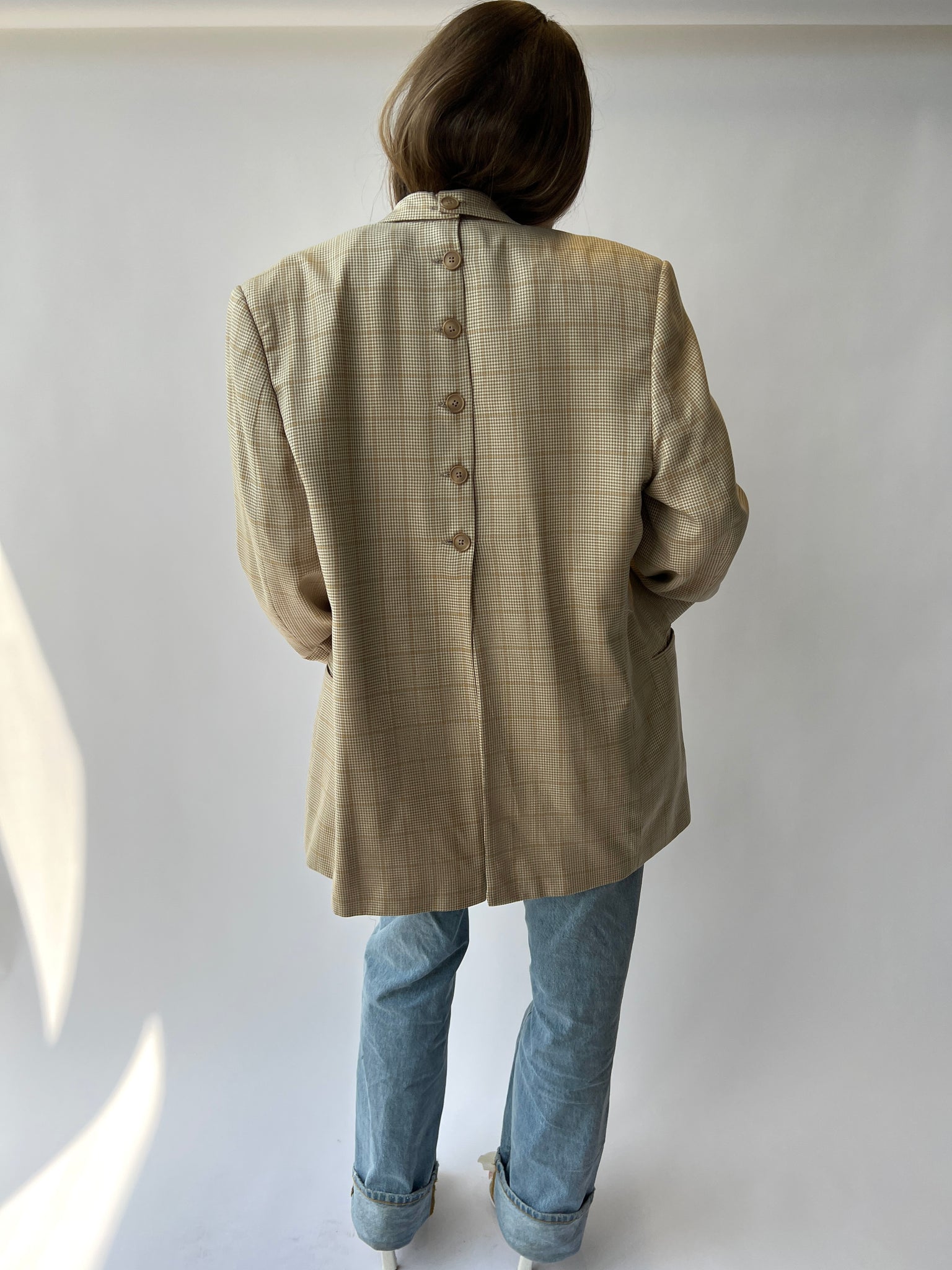 Beige and yellow checkered Button Back Blazer