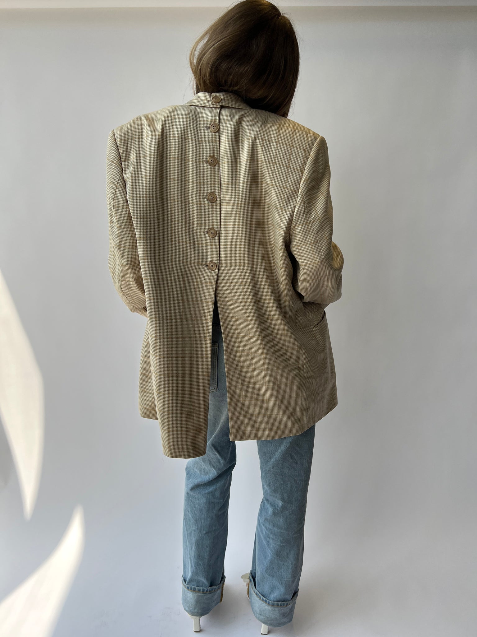 Beige and yellow checkered Button Back Blazer
