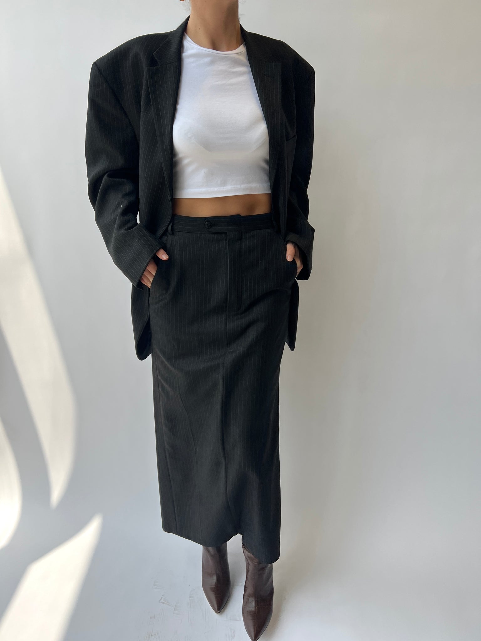 Grey pinstriped maxi skirt set