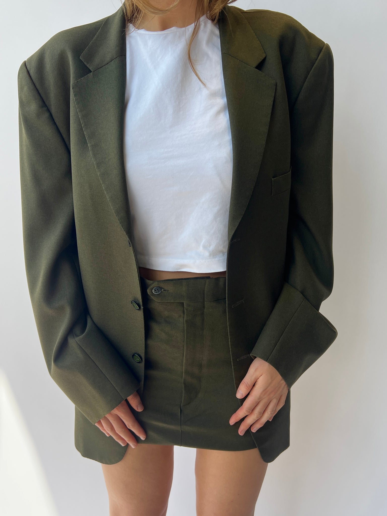 Green mini skirt and blazer