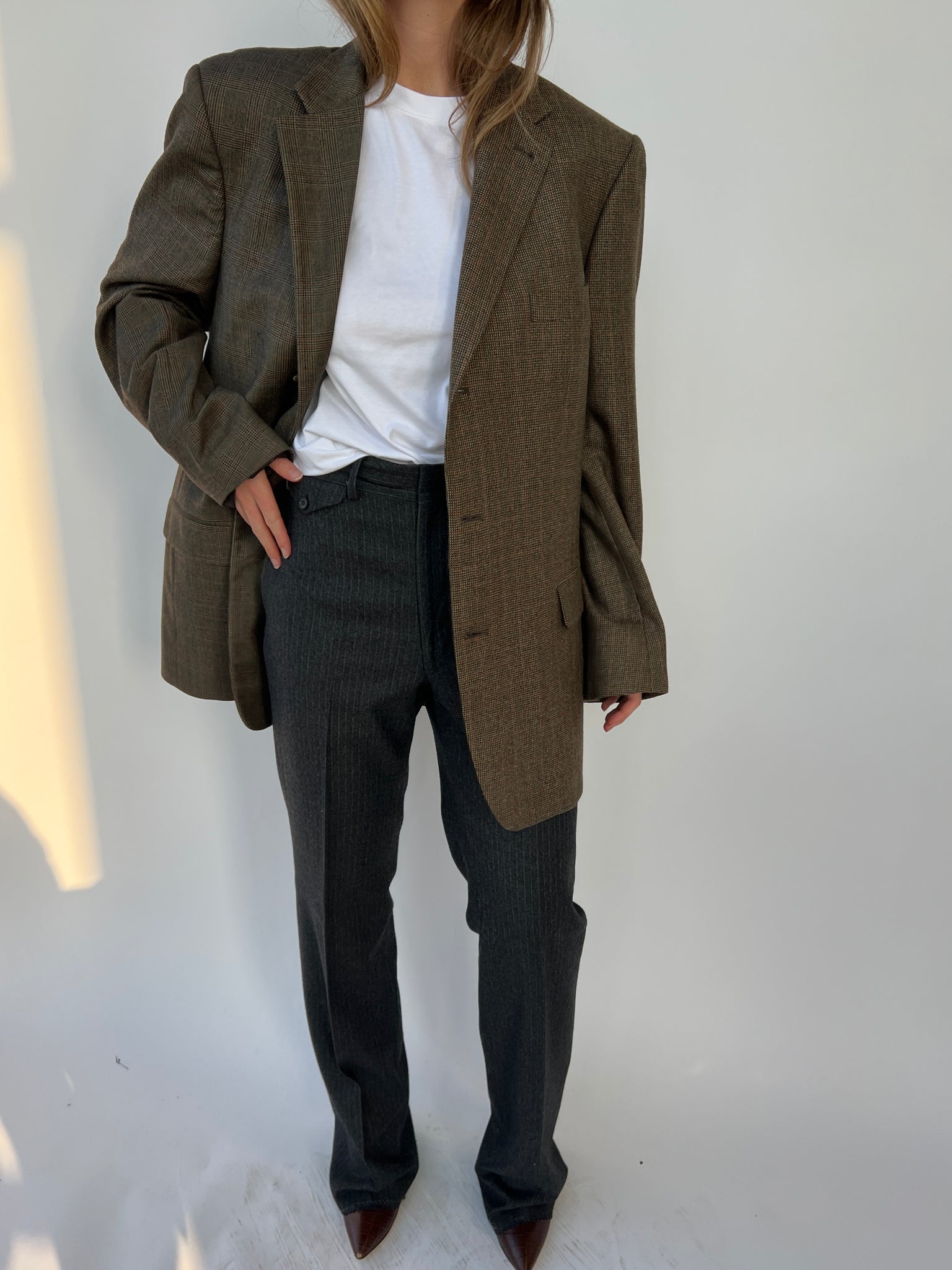 Warm plaid tones contrasted blazer