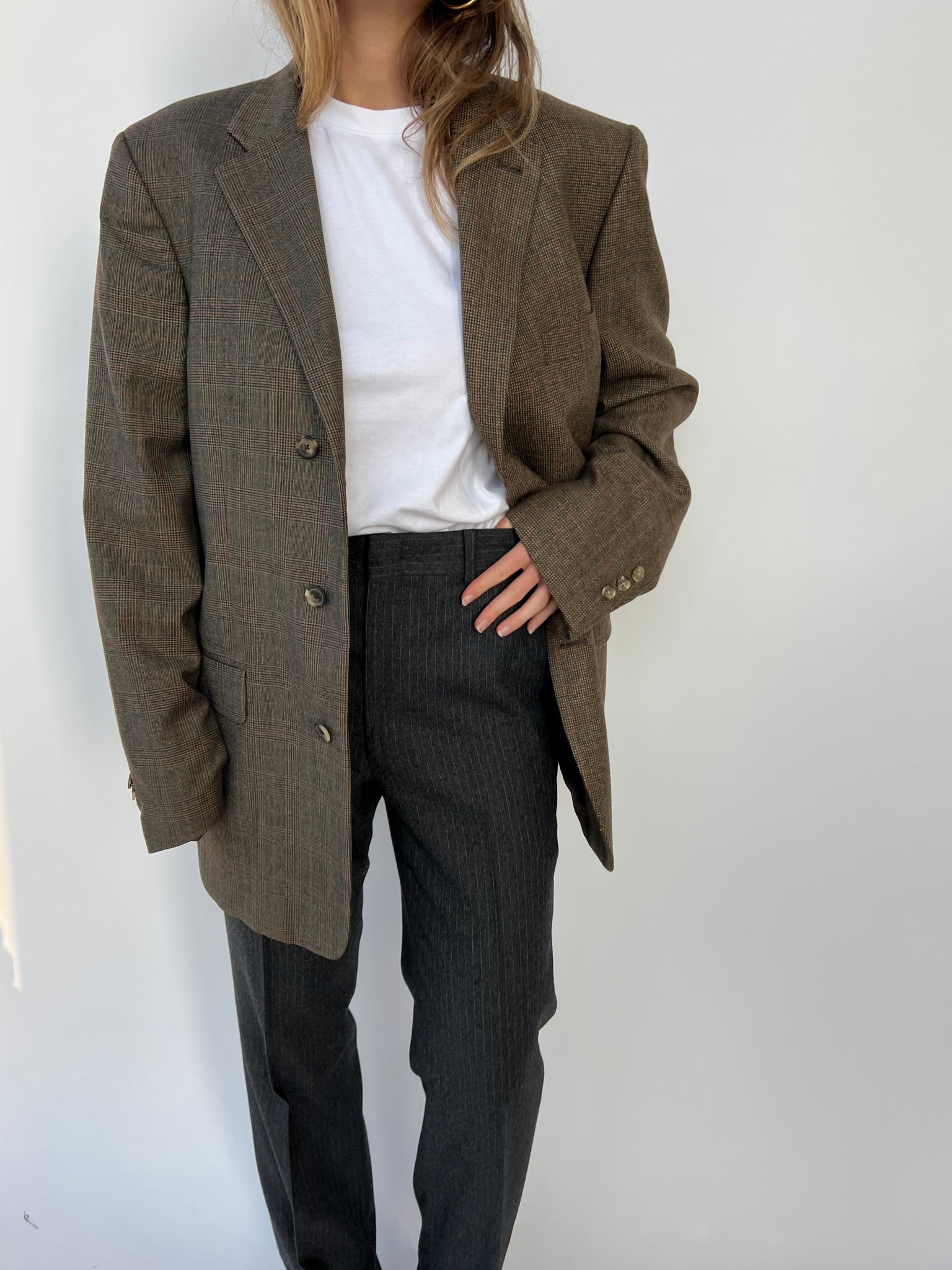 Warm plaid tones contrasted blazer