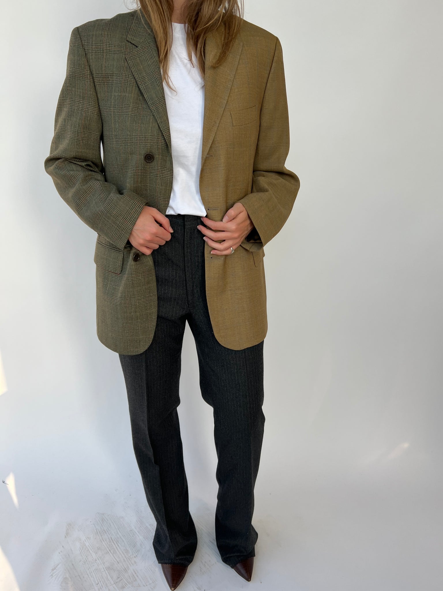 Warm camel/blue and green checkered contrasted blazer