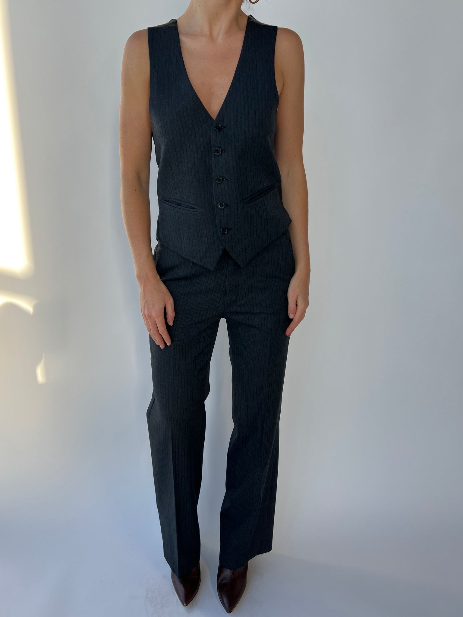 Grey black pinstripes three piece suit