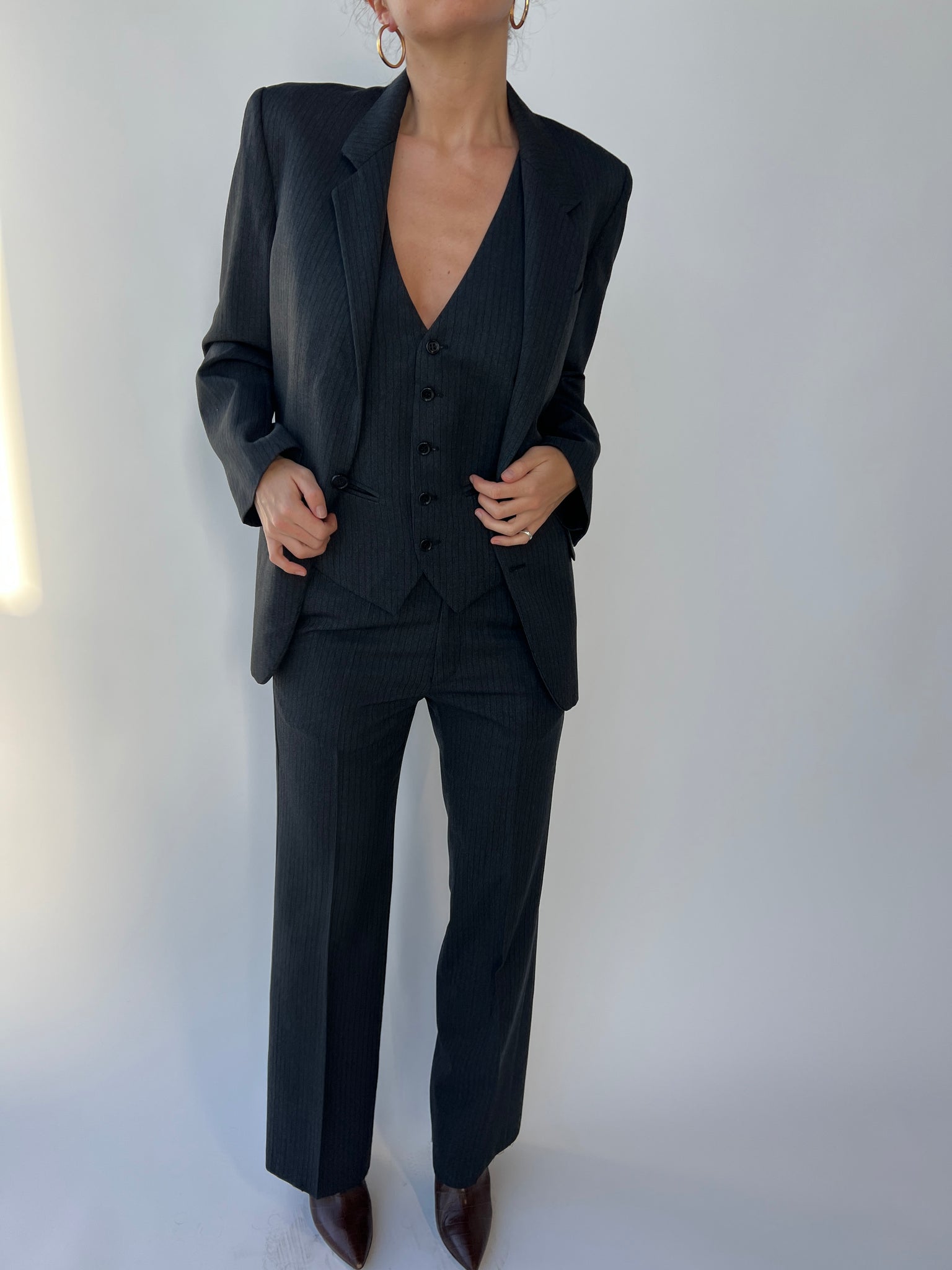 Grey black pinstripes three piece suit