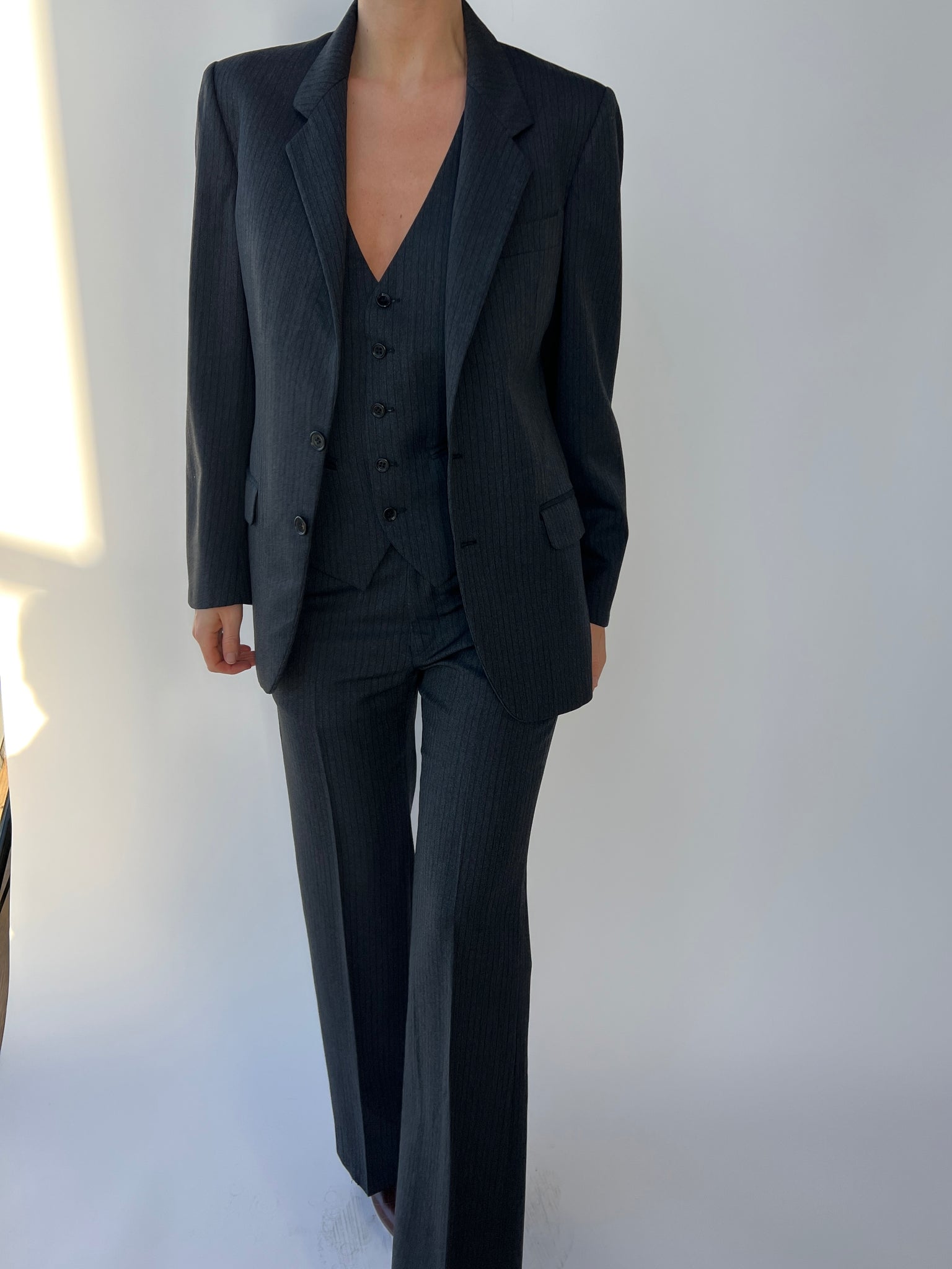 Grey black pinstripes three piece suit