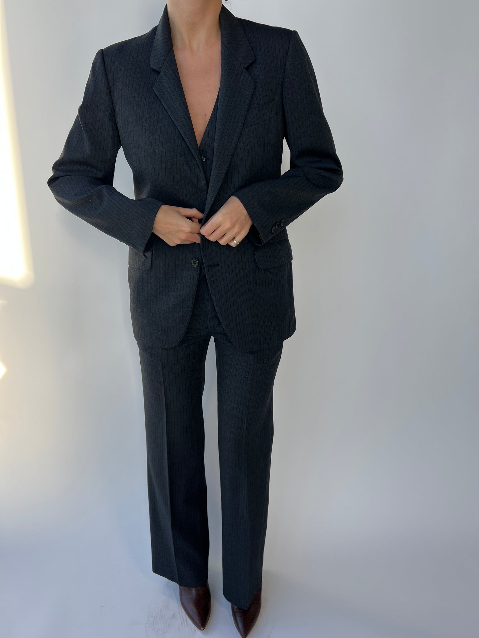 Grey black pinstripes three piece suit