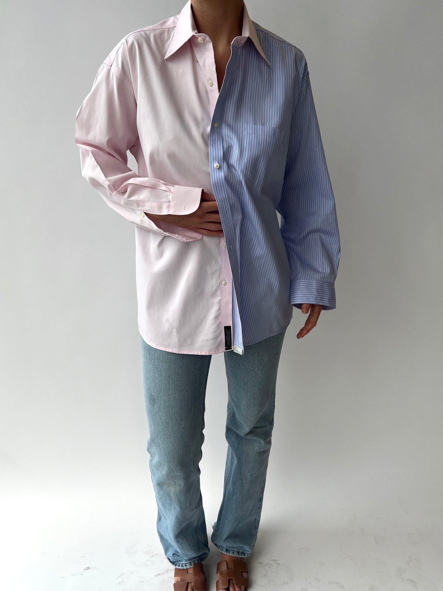 Pink and blue/pink striped contrasted shirt