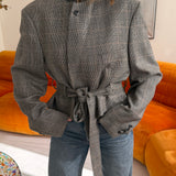 Belted blazer in grey plaid