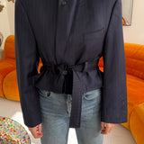 Belted blazer in blue pinstripes
