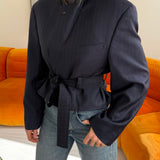 Belted blazer in blue pinstripes