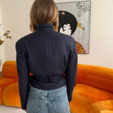 Belted blazer in blue pinstripes