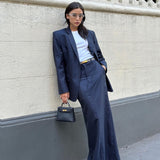 Navy pinstriped skirt suit